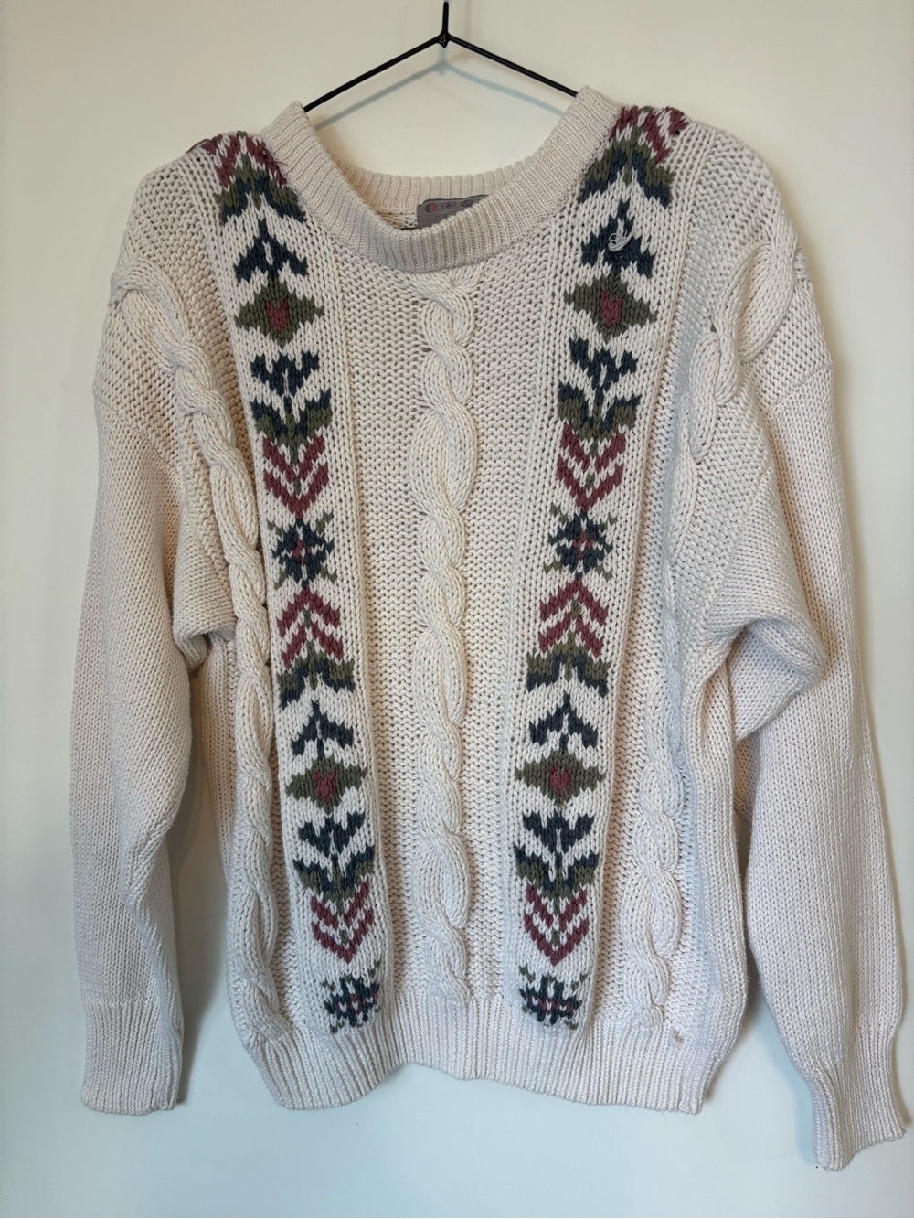 Ivory Cable Crewneck Sweater with Multicolor Fair Isle Accents